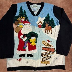VINTAGE Quacker Factory Christmas knit sweater cardigan Santa tree angel deer